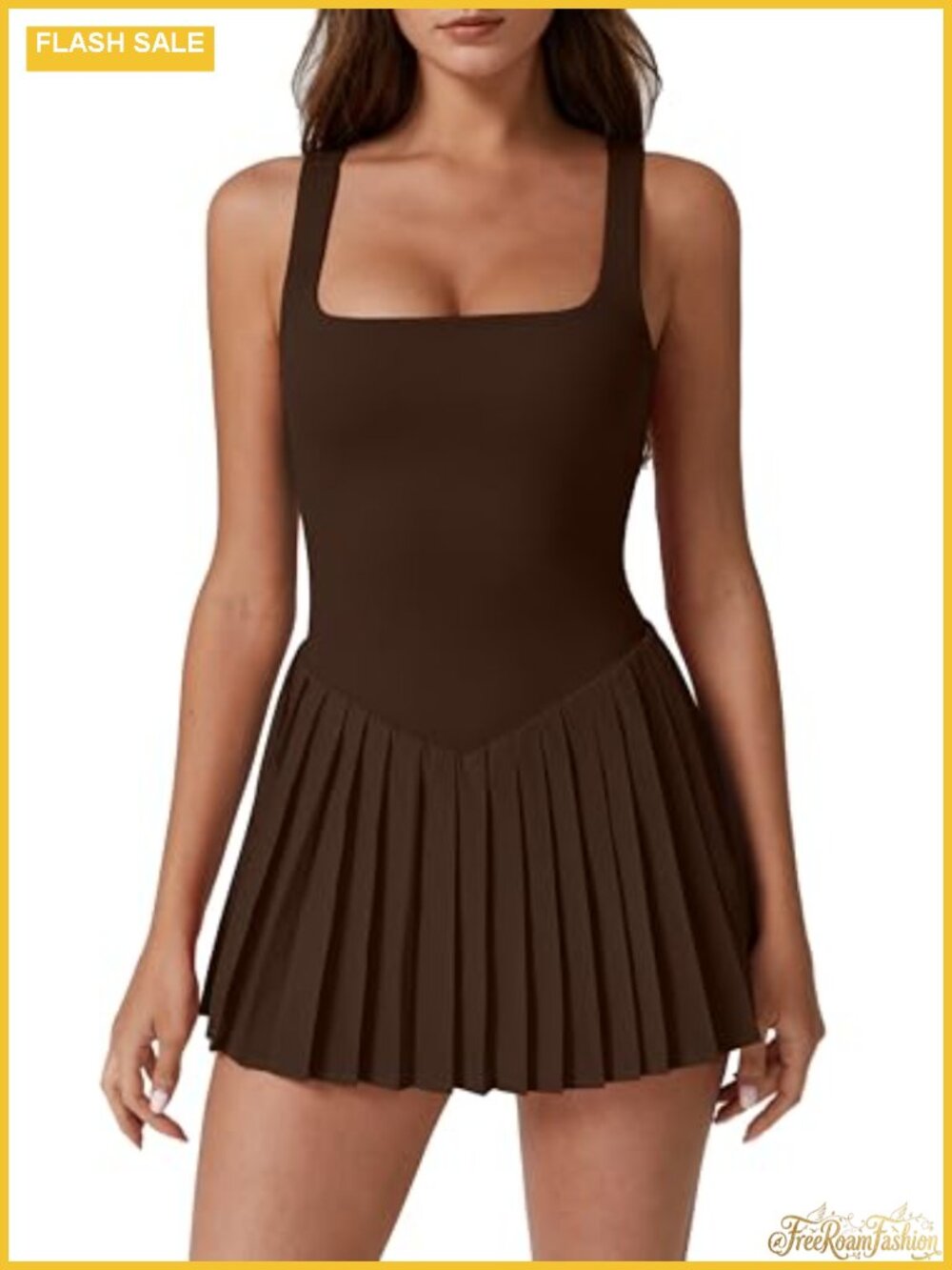 Women's Square Neck Tennis Dress Pleated Sleeveless Built-in Shorts Athletic